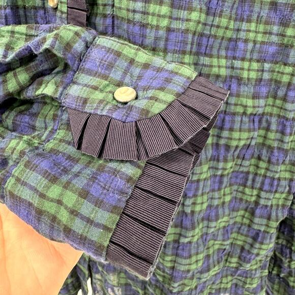 J McLaughlin Shirt Womens Medium Blue Green Plaid Ruffle Trim Crinkle Cotton - Picture 4 of 8